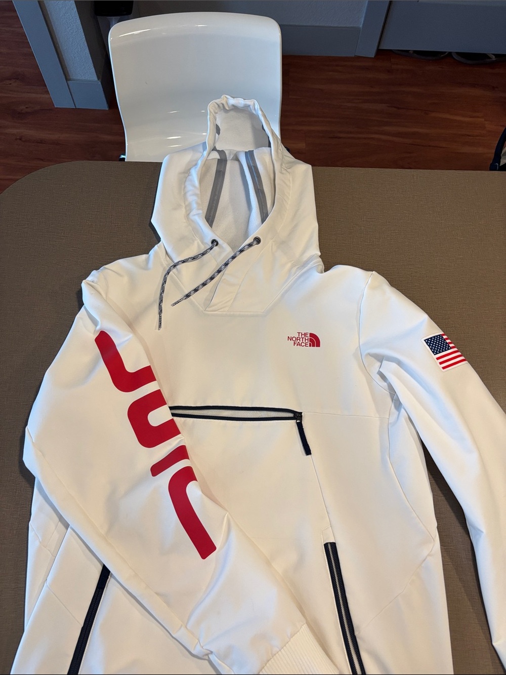 The North Face White Hoodie Pullover with Red Logo & Flag - Olympics addition